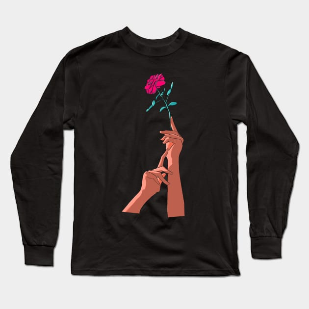 Retro Hand Holding a Rose Long Sleeve T-Shirt by zachlart